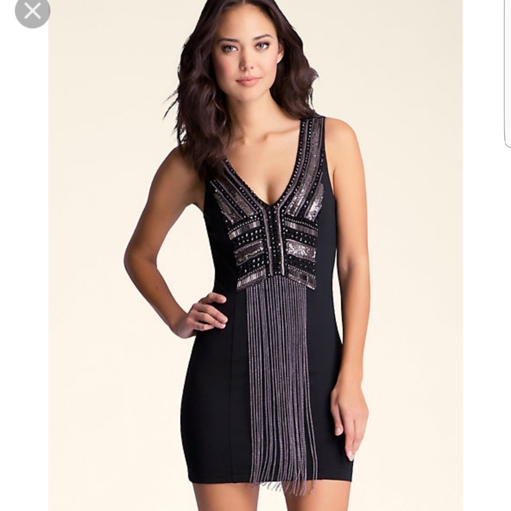 BEBE FRINGE CHAIN SILVER BLACK DRESS NWT - Picture 1 of 9